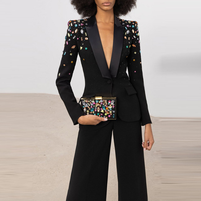 Nail bead color diamond slim fit suit jacket, micro flared pants set, two pieces