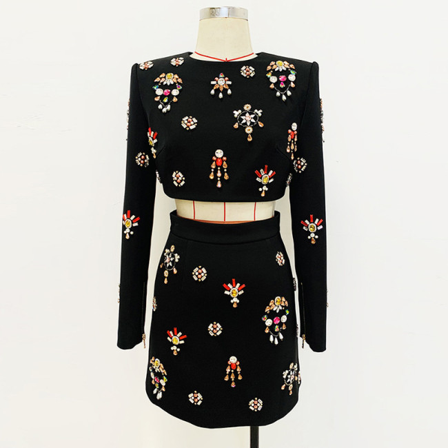 Nail bead studded diamond short top half skirt set two-piece set