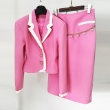 Fashionable white border contrasting small suit jacket, mid length half skirt set, two-piece set