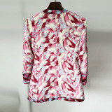 Fashionable seven quarter sleeve feather print collarless suit jacket, micro flared pants