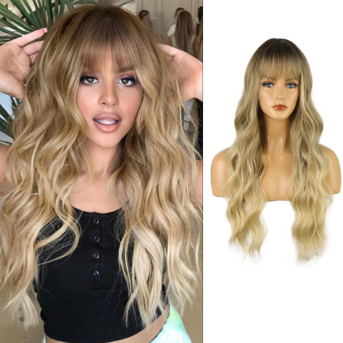 Wig, long curly hair, golden bangs, wavy curls