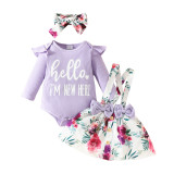 0-1 year old girl long sleeved top+floral butterfly suspender skirt headband