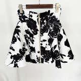 Tulip Waist, Rose Metal Buckle Printed Short Skirt, Half Skirt