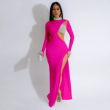 CY901237 Fashion Solid Color Hot Diamond Long Sleeve High slit Dress for Women