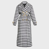 Black and white diamond grid diamond grid belt long windbreaker jacket