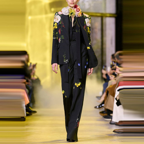 Fashion digital printed one button suit with flared pants set