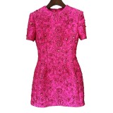 Fashion Rose Pink Series Jacquard Heavy duty Nail Bead Short sleeved Dress