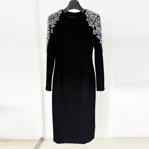 Heavy industry nail bead studded diamond long sleeved mid length dress
