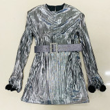 New belt sparkling pleated ultra short dress dress