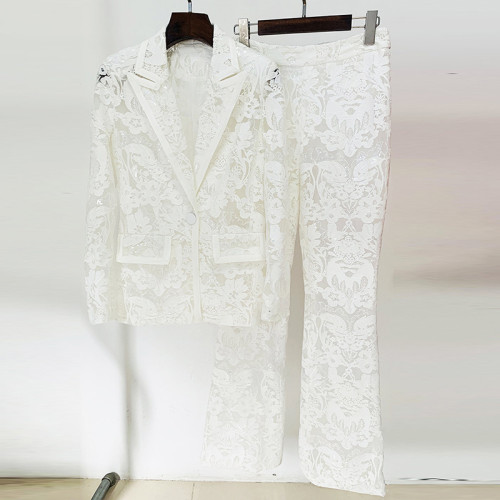 Embroidered sequin suit jacket, long pants set, two-piece set