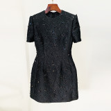 Fashion Rose Pink Series Jacquard Heavy duty Nail Bead Short sleeved Dress