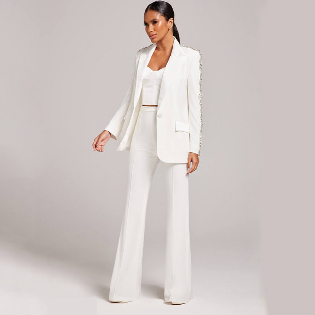 Nail studded diamond slim fit suit with micro flared pants set, two-piece set