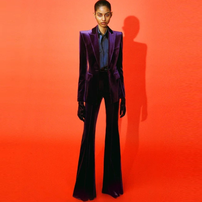Professional fashion one button gold velvet suit jacket+flared pants set two-piece set