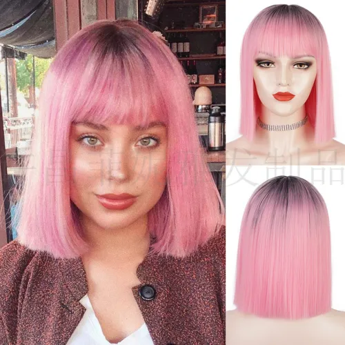 Colorful short straight hair cosplay wig with bangs