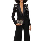 Nail bead color diamond slim fit suit jacket, micro flared pants set, two pieces