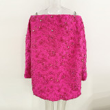 One collar shoulder baring heavy duty nail bead jacquard loose dress