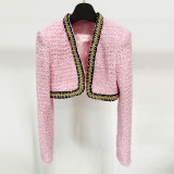 Chain decoration short coarse tweed jacket jacket