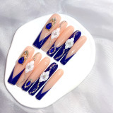 Three dimensional carved flower with diamond style navy blue party style water pipe nail