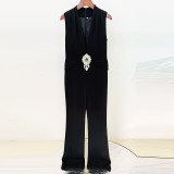 Diamond studded nail bead V-neck sleeveless jumpsuit