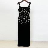 Nail studded diamond elastic vest long dress long skirt formal dress