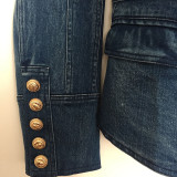 Double row buckle lion buckle washed denim suit jacket