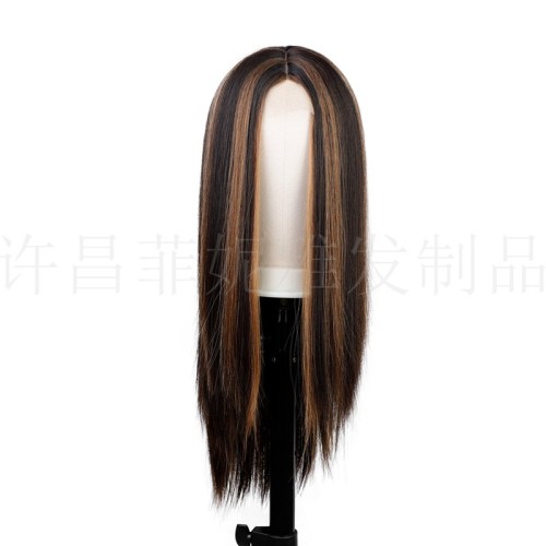 Wig, medium length straight hair, forehead lace, mixed color synthetic, high-temperature silk 9352