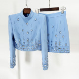 Nail bead studded diamond short top half skirt set two-piece set
