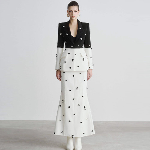 Sequin nail bead color blocked suit jacket fish tail long skirt set