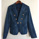 Double row buckle lion buckle washed denim suit jacket