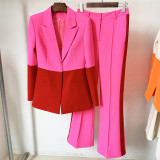 Color blocked professional suit, medium length suit+flared pants set, two-piece set
