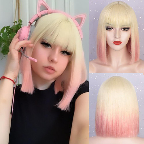 Colorful short straight hair cosplay wig with bangs