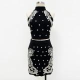 Heavy industry nail bead inlaid diamond sequin hanging neck vest half skirt set