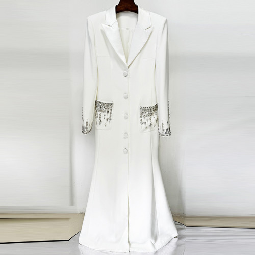 Nail studded diamond suit collar dress, long skirt dress, fishtail skirt