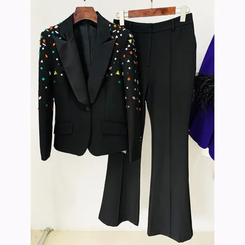 Nail bead color diamond slim fit suit jacket, micro flared pants set, two pieces