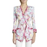 Fashionable seven quarter sleeve feather print collarless suit jacket, micro flared pants