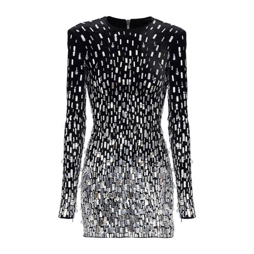 Nail bead sequin gold velvet long sleeved dress