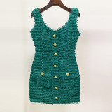 Lion button fringe fringe coarse tweed vest suspender dress