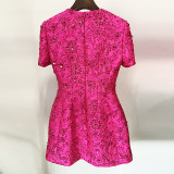Fashion Rose Pink Series Jacquard Heavy duty Nail Bead Short sleeved Dress