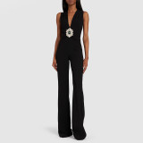 Diamond studded nail bead V-neck sleeveless jumpsuit