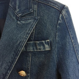 Double row buckle lion buckle washed denim suit jacket