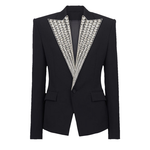 Heavy industry diamond studded nail bead one button slim fit suit jacket