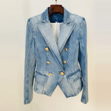 Slim fit double breasted lion button denim suit jacket
