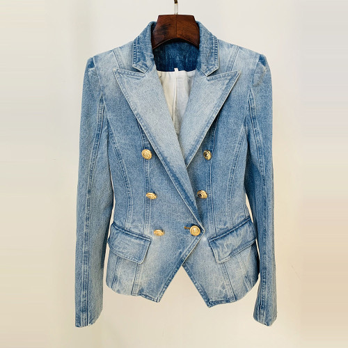 Slim fit double breasted lion button denim suit jacket