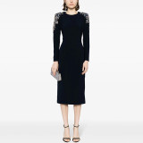 Heavy industry nail bead studded diamond long sleeved mid length dress