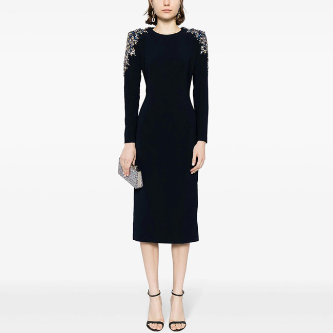 Heavy industry nail bead studded diamond long sleeved mid length dress