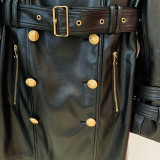 Double breasted waistband leather long windbreaker jacket