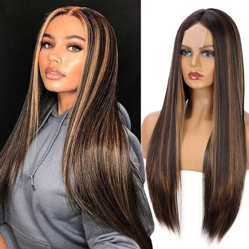 Wig, medium length straight hair, forehead lace, mixed color synthetic, high-temperature silk 9352