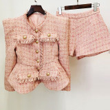 White shiny silk tweed jacket, jacket, shorts set, two-piece set