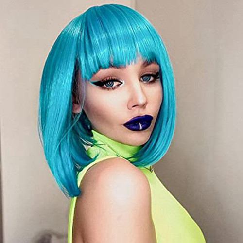 Wig buckle, bangs, short straight hair, synthetic fiber