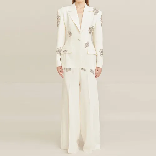 Nail bead studded diamond one button suit jacket, wide leg pants set, two pieces
